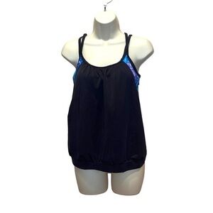 New Women’s Aqua Tech Blouson Tankini Top Blue Tie Dye Black Medium NWT
